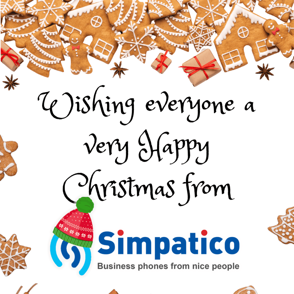 Hi there, this is a Christmas Greeting from Simpatico Communications. The image has a crisp white background, and across the top is a scattering of gingerbread biscuits, some are in the shape of Christmas trees, others as houses and stars, and some are the traditional gingerbread man. In the centre written in black text is the phrase 'Wishing everyone a very Happy Christmas from' with the blue Simpatico logo and text underneath. The logo is wearing a festive red hat. Hope you have a very happy Christmas.