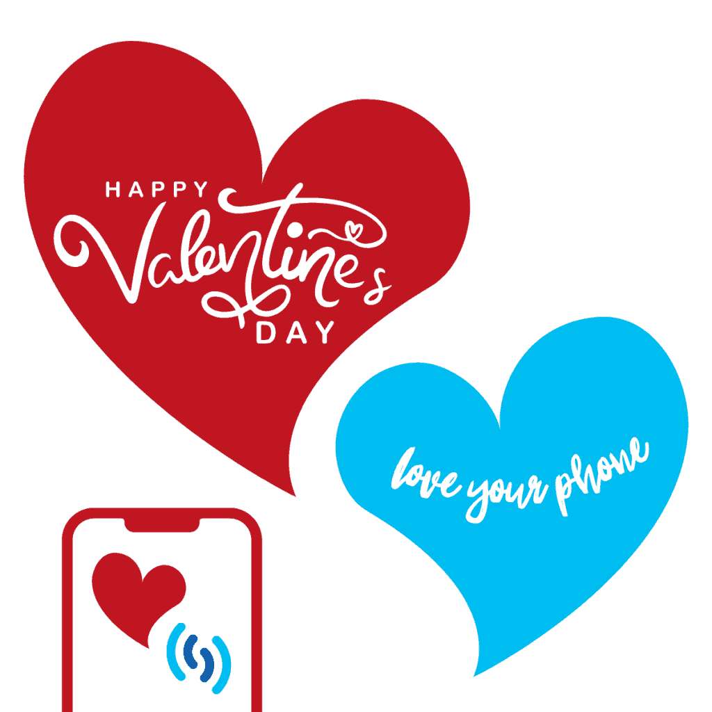 Hello there. In this image there are two hearts, the one on the left is bright red and inside it is the text ‘Happy Valentines Day’ written in white. On the right is a blue heart which is slightly smaller than the red one and the text inside it reads ‘love your phone’. To the bottom left of the image is an outline of a mobile phone in red, with a small red heart and the blue Simpatico logo on the screen. Happy Valentine's Day!