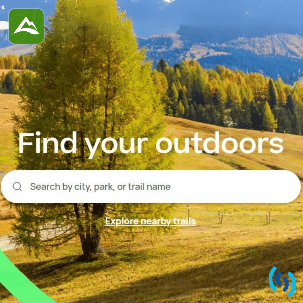 Hi there, this is a scenic image with some rolling hills, and tree covered mountains in the background, in the foreground is a tall green tree. In the top left hand corner is the AllTrails logo which is a green square with rounded corners, and white symbol of the mountain in the centre. Across the centre of the image is the phrase ‘Find your outdoors’ with a white search box underneath. In the bottom right hand corner is the Simpatico logo.