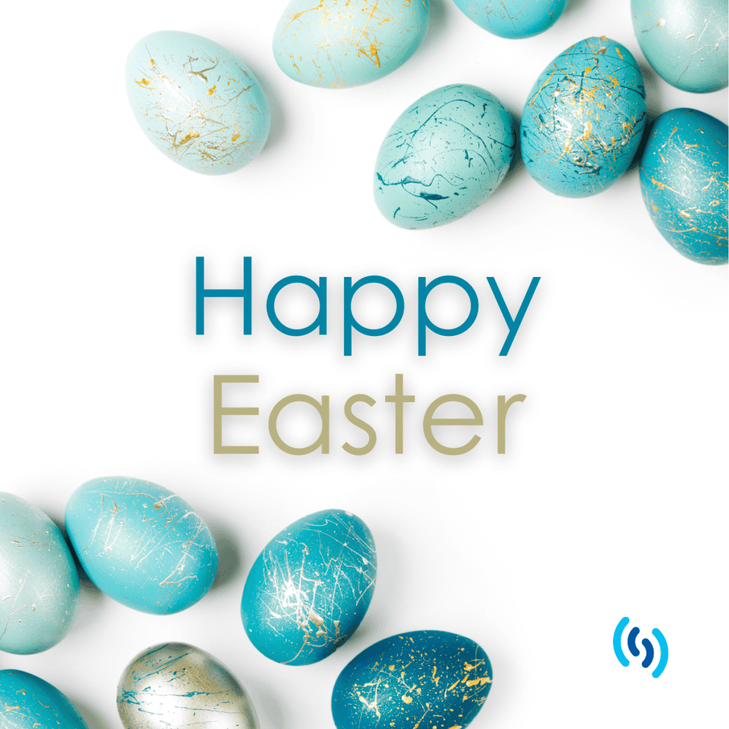 Hello! The picture has a white background with pictures of painted eggs in the top right and bottom left. The eggs are painted in various shades of teal and turquoise - inspired by the blue colour of (American) robins' eggs. (British robins have white eggs with a variable brown speckle!) The eggs are then splashed with gold and teal paint. The writing in the middle says Happy Easter in a matching tone of teal and gold for each word . Thank you for reading, and happy Easter :)