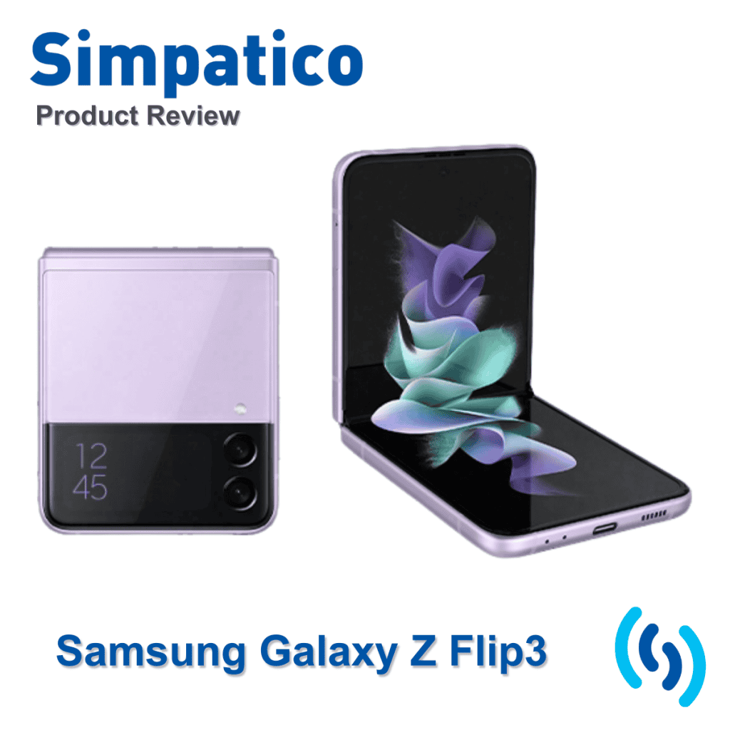 Hello! This is an image of a Samsung Galaxy Z Flip3 phone. There are 2 images of the phone, the first one is when it is completely folded in half, so it is square and would fit in your pocket nicely. The accent colour of the phone is a lovely pale lavender colour. The second image of the phone is showing it open at a right angle, so you can see the screen and how it folds with no crease. Across the top of the image is says ‘Simpatico Product Review’ and at the bottom it says ‘Samsung Galaxy Z Flip3’ with the Simpatico Logo in the bottom right corner.