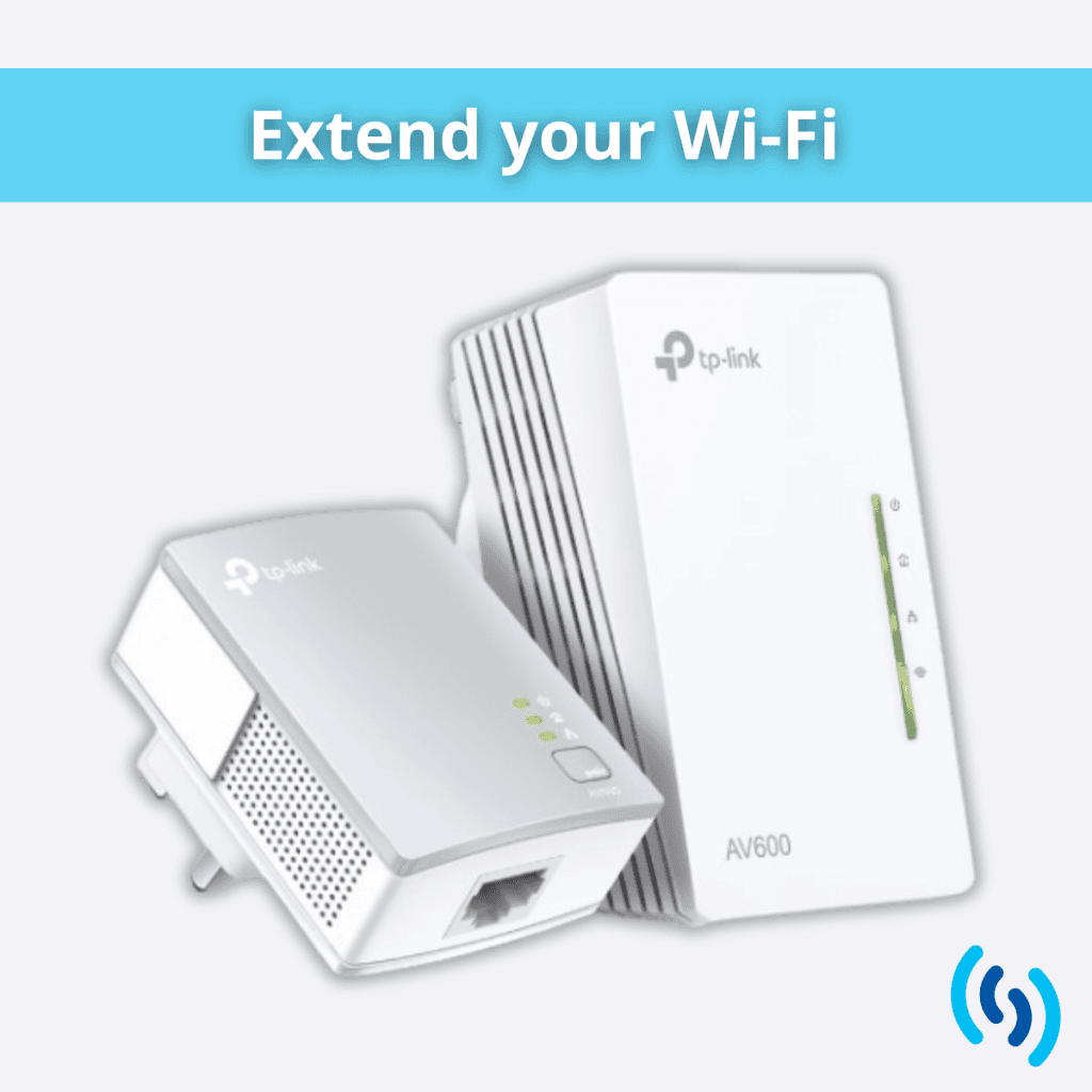 Hi there this a photo of a tp-link wi-fi extender which are two white plug units. Across the top is a blue banner with the words 'Extend your Wi-Fi' In the bottom right hand corner is the Simpatico Logo