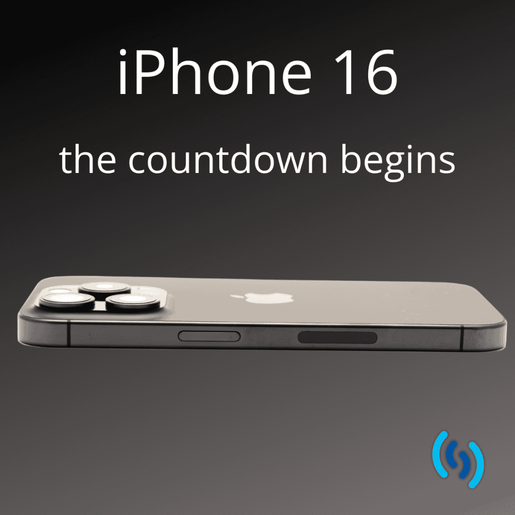 Hi there, this is a very grey image. The background is a gradient of black and dark grey. In the centre of the image is an iPhone mobile phone hovering. At the top reads the text iphone 16 the countdown begins. In the bottom corner is the Simpatico logo.