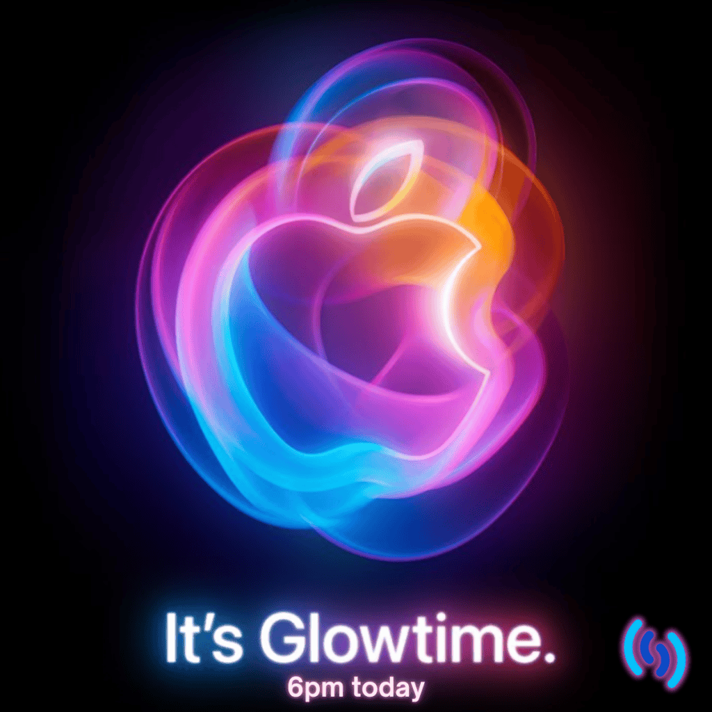 Hi there, this image has a black background with the Apple logo in the centre which is also surrounded by a glowing pink, yellow and blue swirly image. At the bottom it says ‘It’s Glowtime 6pm today’ and in the bottom right hand corner is the Simpatico logo which is set with a pale pink glow behind it.