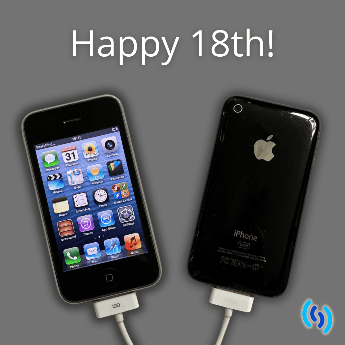 Hello this is an image of an original iPhone 3G. The second iphone to be released. It shows a front view with the apps on screen, and a rear view with the little apple logo in the centre. The back of the phone is black. Across the top it says 'Happy 18th!' because the iphone was unveiled 18 years ago in January 2007.