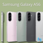 Hi there, this is an image of the new Samsung Galaxy A56, in the image you will see 4 Samsungs, in different colours including pale pink, olive green, black and grey. There is also a Samsung A56 from the side. The background of the image is olive green to match one of the phones, and the lettering across the top is white and says 'Samsung Galaxy A56'