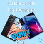Oppo A38 and TCL 505 leaning in towards each other with a Batman-like graphic in the centre saying 'POW!' and the text across the top read 'Battle of the Lightweights'