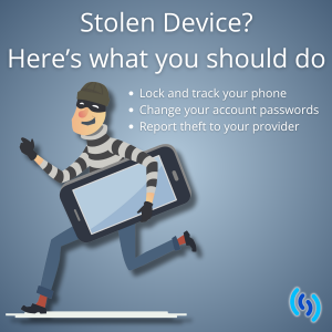 Hi there this image is set on a dull grey background with a cartoon image of a burglar with a stripy top and mask on, stealing a mobile phone, could be an iPhone or a Samsung mobile, it's most like a secure business phone, and if you follow the instructions on the image - lock an d track your phone, change your account passwords, and report theft to your provider, then not too much damage will be done (apart from the fact your mobile phone has been stolen). In the bottom right hand corner is the Simpatico logo