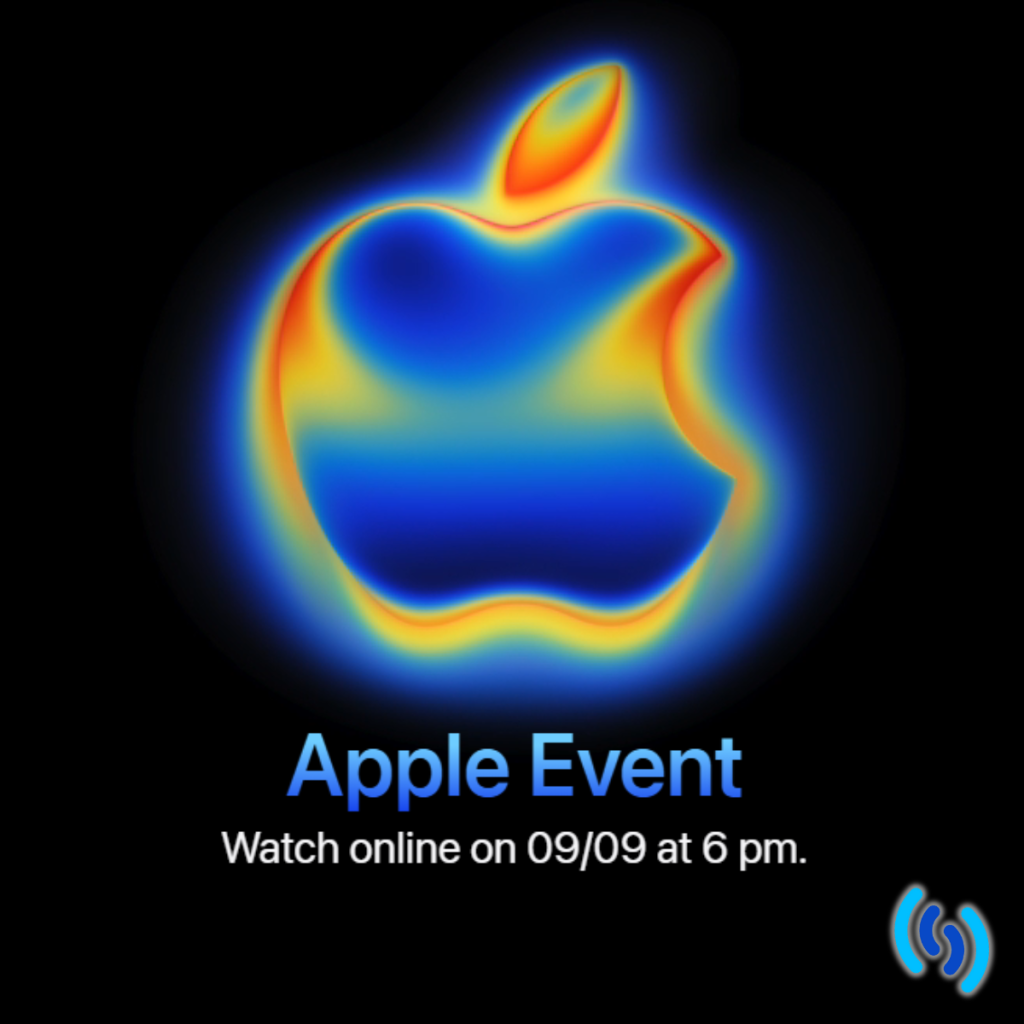 Hi, this image is to do with the iPhone 17 release, and is set on a black background with the Apple logo in the centre. The logo appears to be glowing and is made up of the colour blue, green, yellow, orange and red. The text underneath the logo says 'Apple Event - watch online on 09/09 at 6pm'. And in the bottom right hand corner is the blue Simpatico logo.