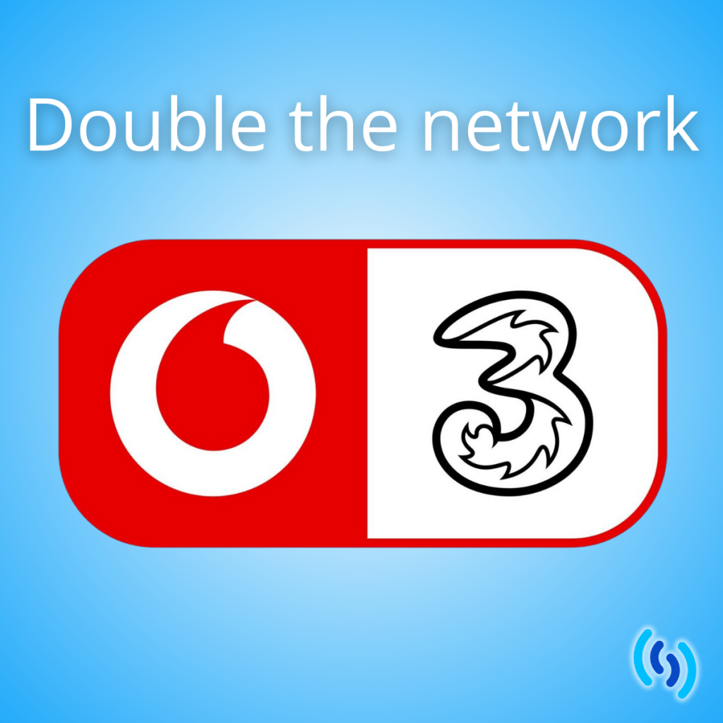 Image set on a blue background with the red vodafone logo and the black and white three logo set together, because they have merged to become Vodafonethree. Blue Simpatico logo in the bottom corner.
