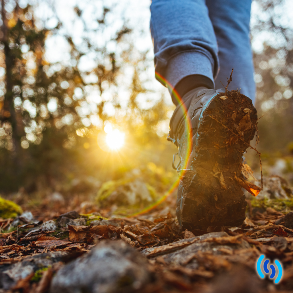 Hi this a view from the ground of a autumnal wooded area with the sun glinting through the trees. On the right are the feet of a person walking through the wood, (to symbolise an iphone tracking your walking patterns) wearing a very muddy pair of walking boots and blue joggers. In the bottom right hand corner is the blue Simpatico logo.