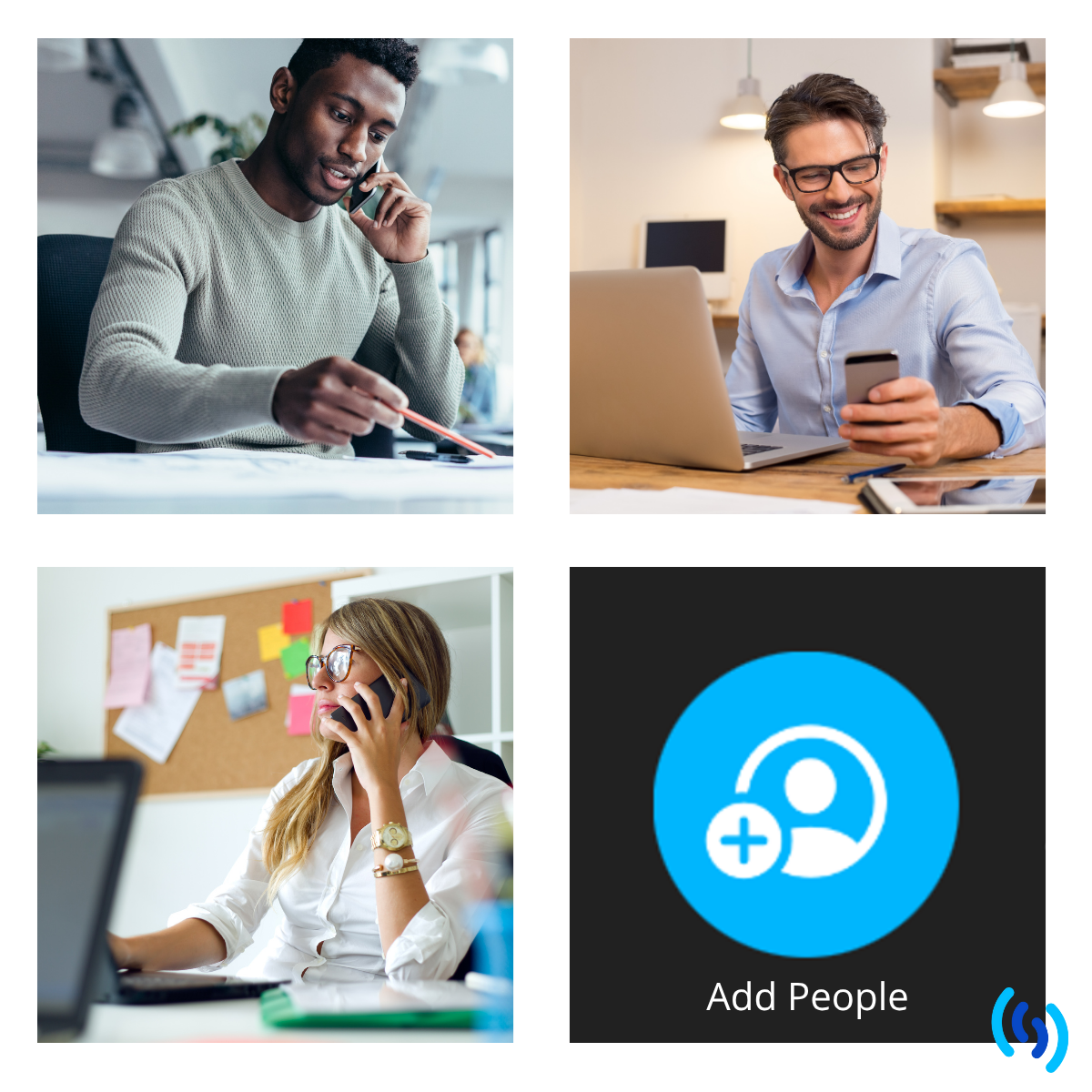 An image that contains, 3 separate images of people talking on their smartphones. Two men at the top, and a woman at the bottom, all appear to be in business settings. In the bottom right hand corner is the blue icon for adding people to a conference call.