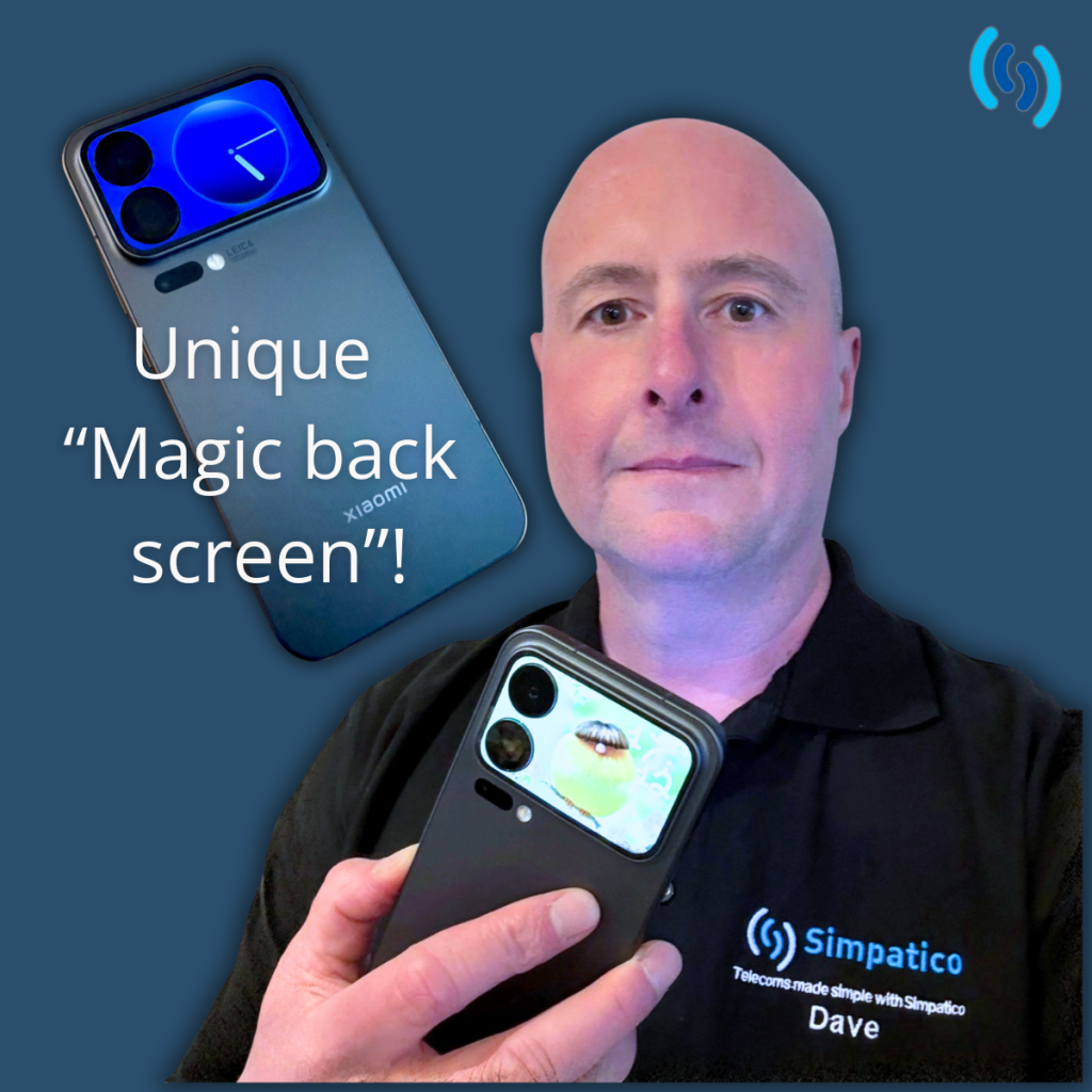 Dave with a chinese smartphone - the Xiaomi 17 Pro Max, he is holding it in his hand and you can see the magic back screen on the phone, it looks like an Apple iPhone, but it's not. There is a also a floating smartphone in the image, also a Xiaomi 17 Pro Max. The background of the image is dark blue and Dave is wearing a black t-shirt with Simpatico written on it. He is also bald.