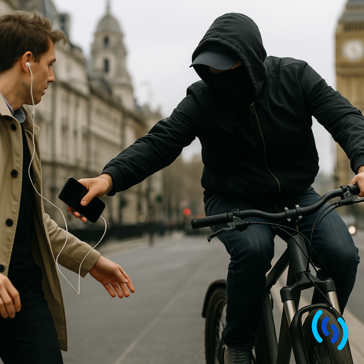 Man on bike dressed in black stealing a phone from a business man wearing a beige jacket. The backdrop is london