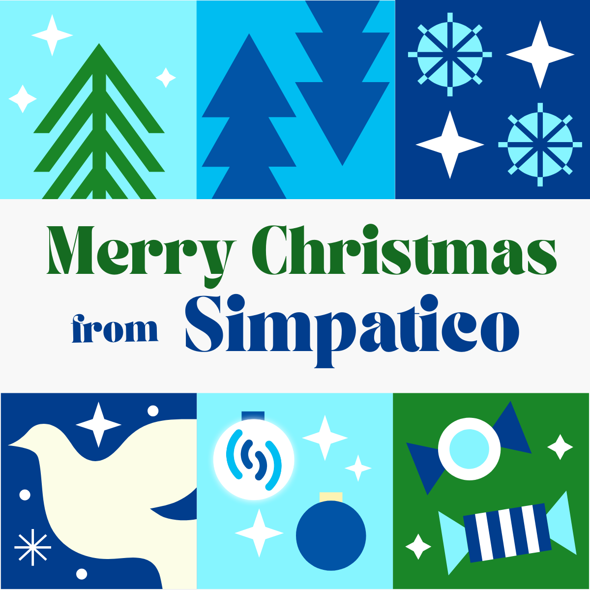 Christmas image with blue and green graphics of Christmas trees, snowflakes, doves, baubles and sweets