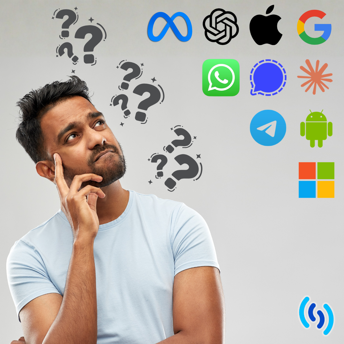 A young man looking confused and in deep thought, there are black question marks around his head as if he is pondering something. In the corner of the image are logos from all the big tech companies such as meta, chatgpt, apple, google, whatsapp, signal, claude, telegram, android, and microsoft