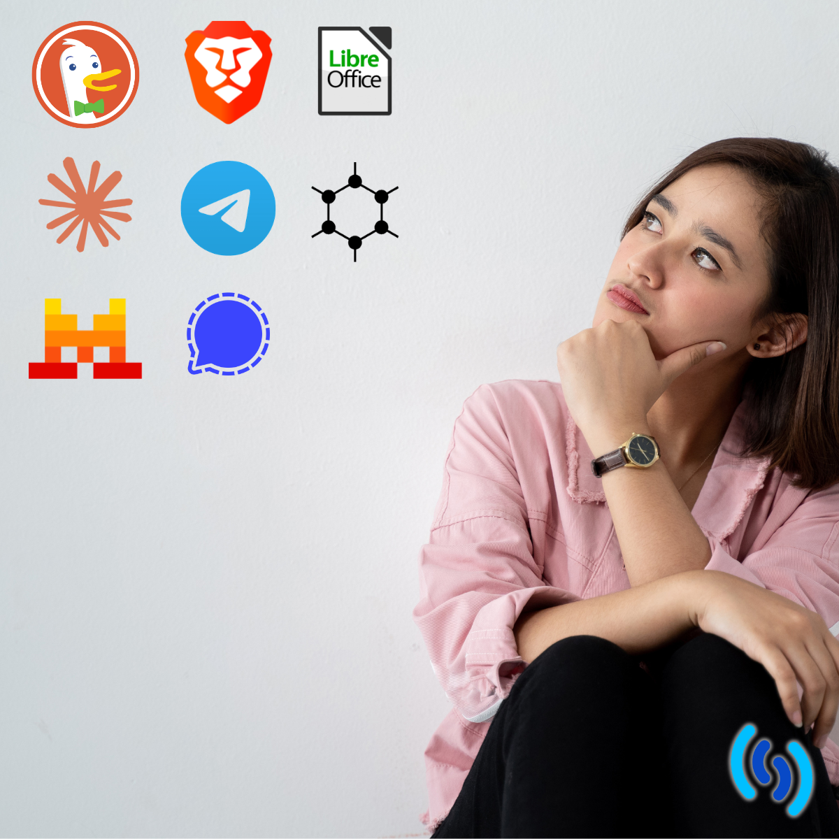 A lady looking very thoughtful with her hand on her chin. She is looking up at various app icons, including DuckDuckGo, Brave, Libreoffice, Claude, Telegram, GrapheneOS, Mistral, Signal