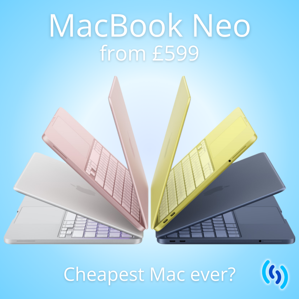 4 Apple Macbook Neos all slightly open and arranged to look like a fan, they are white, pink, yellow and blue. The background is a crisp sky blue with white writing