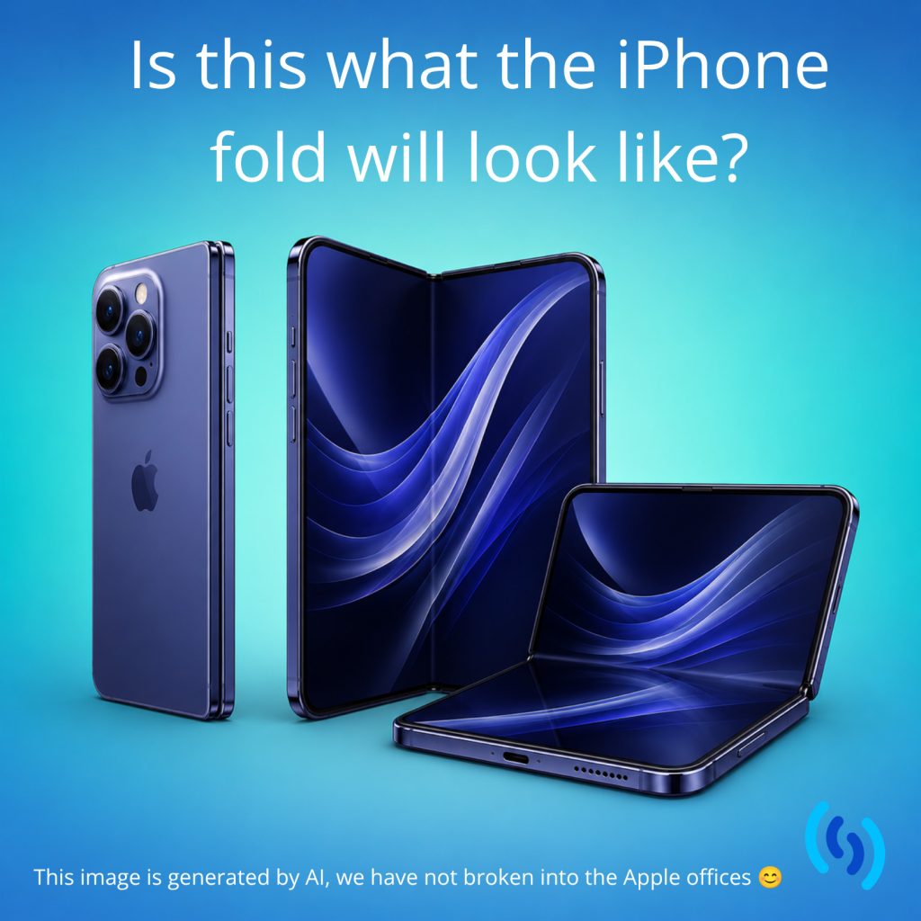 This is an AI generated image of what the new iPhone Fold might look like based on rumours so far. There are three views of an indigo coloured fold phone, one vertical and completely folded up with an iphone 17 pro style camera, one standing vertically, unfolded, and one open horizontally with dark blue swirly patterns on the screen. We think it may be based on the Oppo Ultra thin fold. The background is an ombre blue and turquoise. Thank you for reading 😊