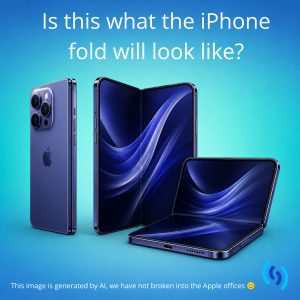 This is an AI generated image of what the new iPhone Fold might look like based on rumours so far. There are three views of an indigo coloured fold phone, one vertical and completely folded up with an iphone 17 pro style camera, one standing vertically, unfolded, and one open horizontally with dark blue swirly patterns on the screen. We think it may be based on the Oppo Ultra thin fold. The background is an ombre blue and turquoise. Thank you for reading 😊